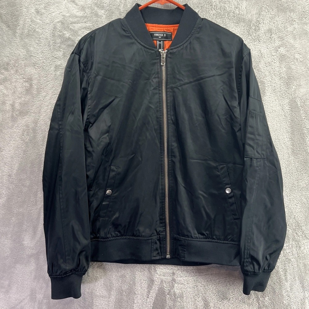 Forever 21 Men Medium Black Cropped Collared Zip Bomber Jacket